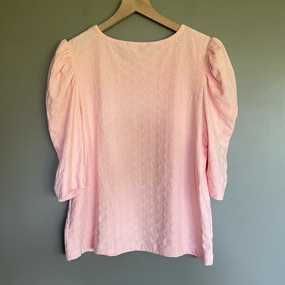 LOFT Eyelet Puff Sleeve Tee Pink Size XL Popover Crewneck Lightweight Feminine - Picture 8 of 14